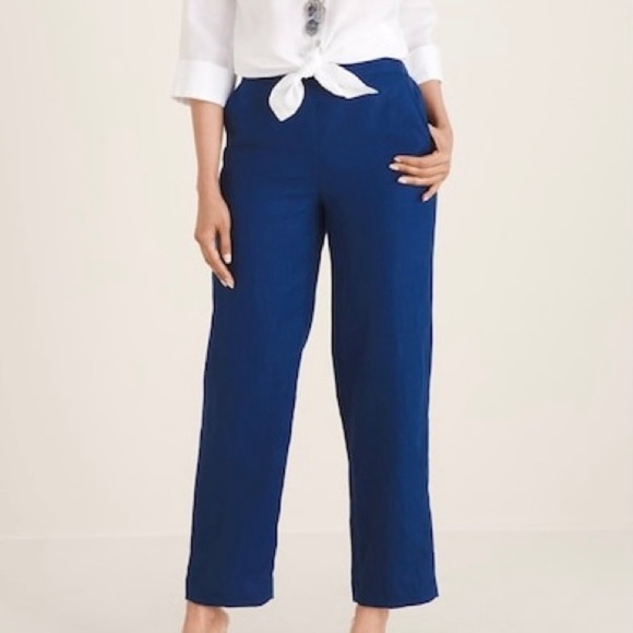 Chico’s NWT Linen Elastic Straight Leg Pull on Pants in Eclipse Blue Size 2T - Picture 1 of 11